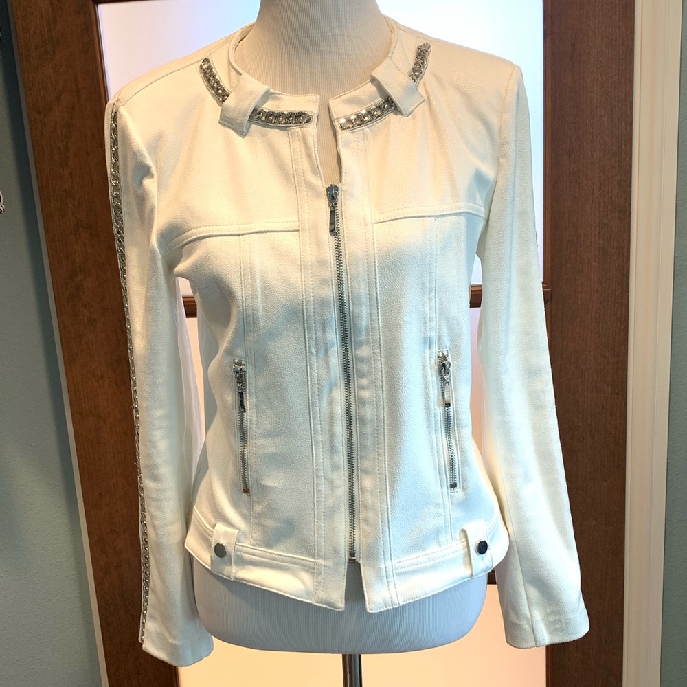 White faux leather jacket with silver chains size 8 never worn